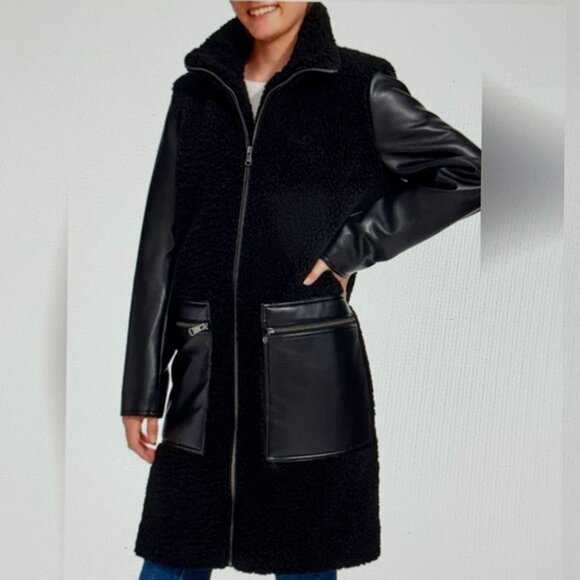 Andrew Marc Ladies Faux Leather Mixed Media Sherpa Coat NEW WITH TAGS - Picture 1 of 7